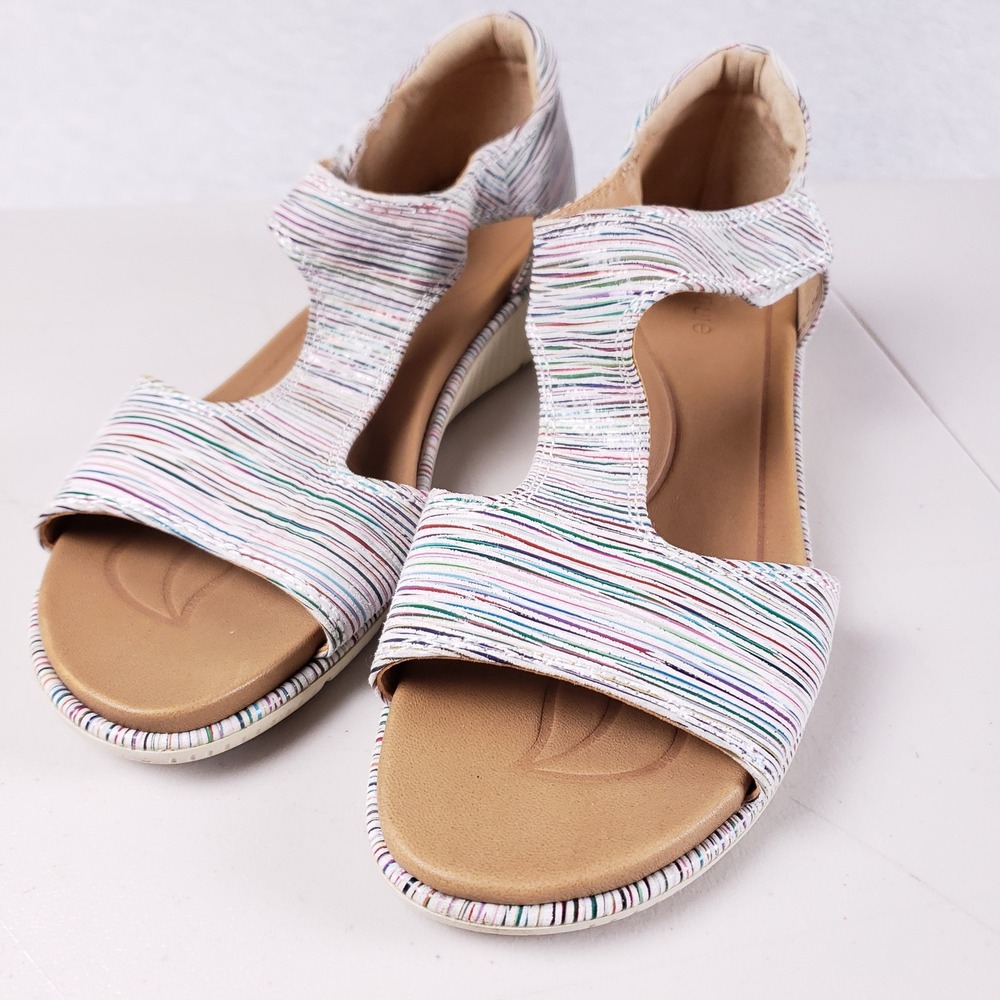 Nurture Womens 9M Multi Color Striped Leather Wedge Sandals Hook Loop Strap